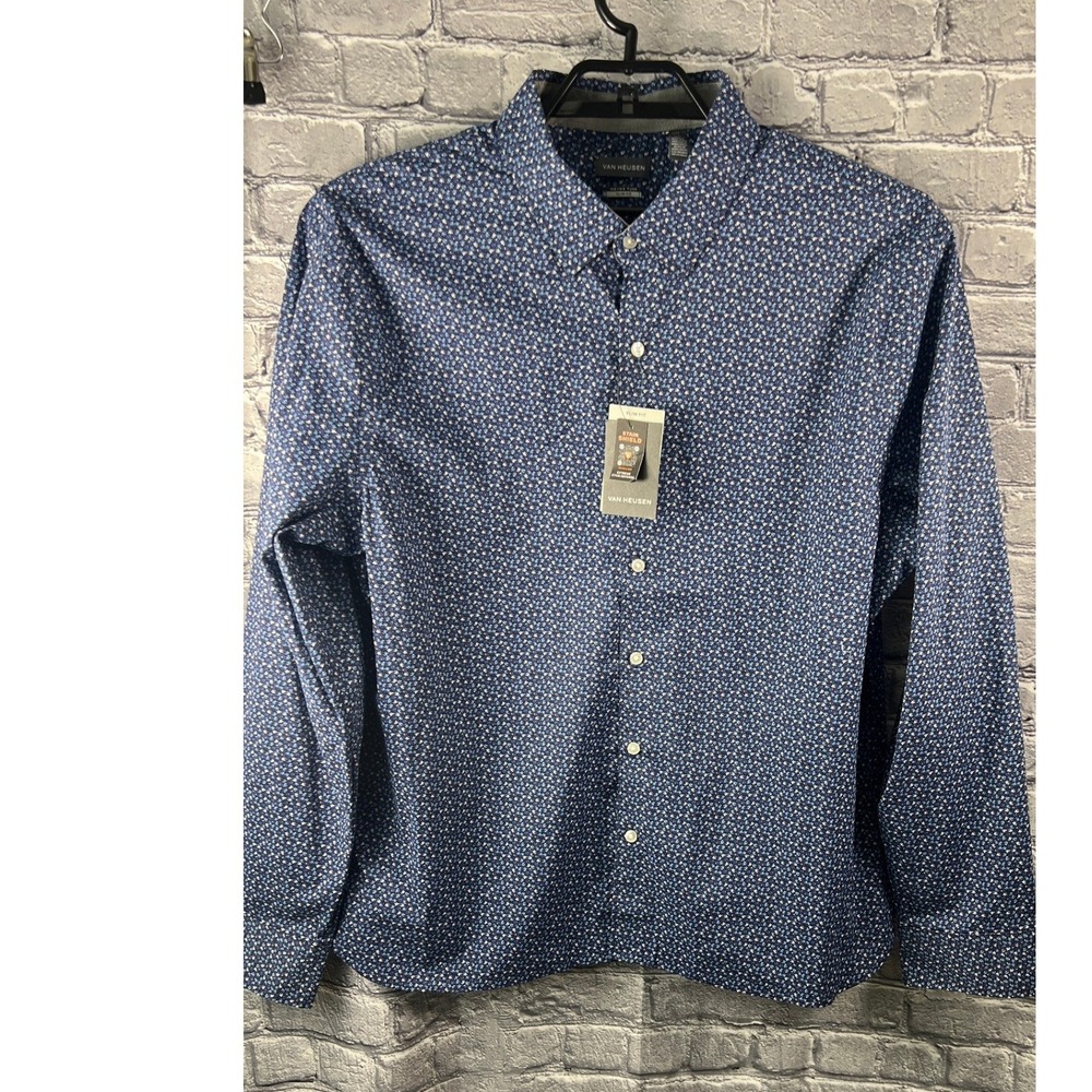Van Heusen Mens XXL Never Tuck Slim Fit Stain Shield Blue Floral Button Shirt